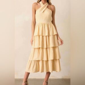 NWT Skies are Blue Yellow Stripes Tiered Halter Maxi Dress Size Small